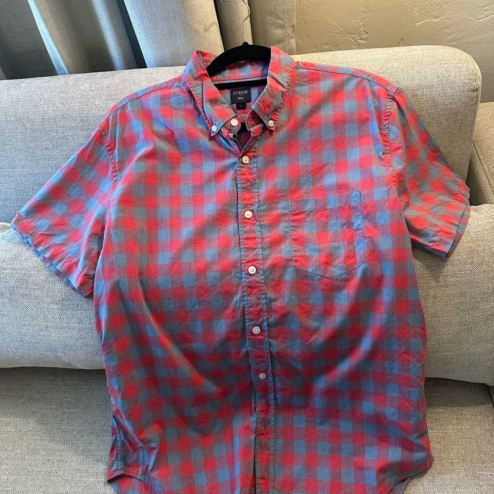 J.Crew Men’s Large Red Blue Gingham Button Front Shirt 100% Cotton